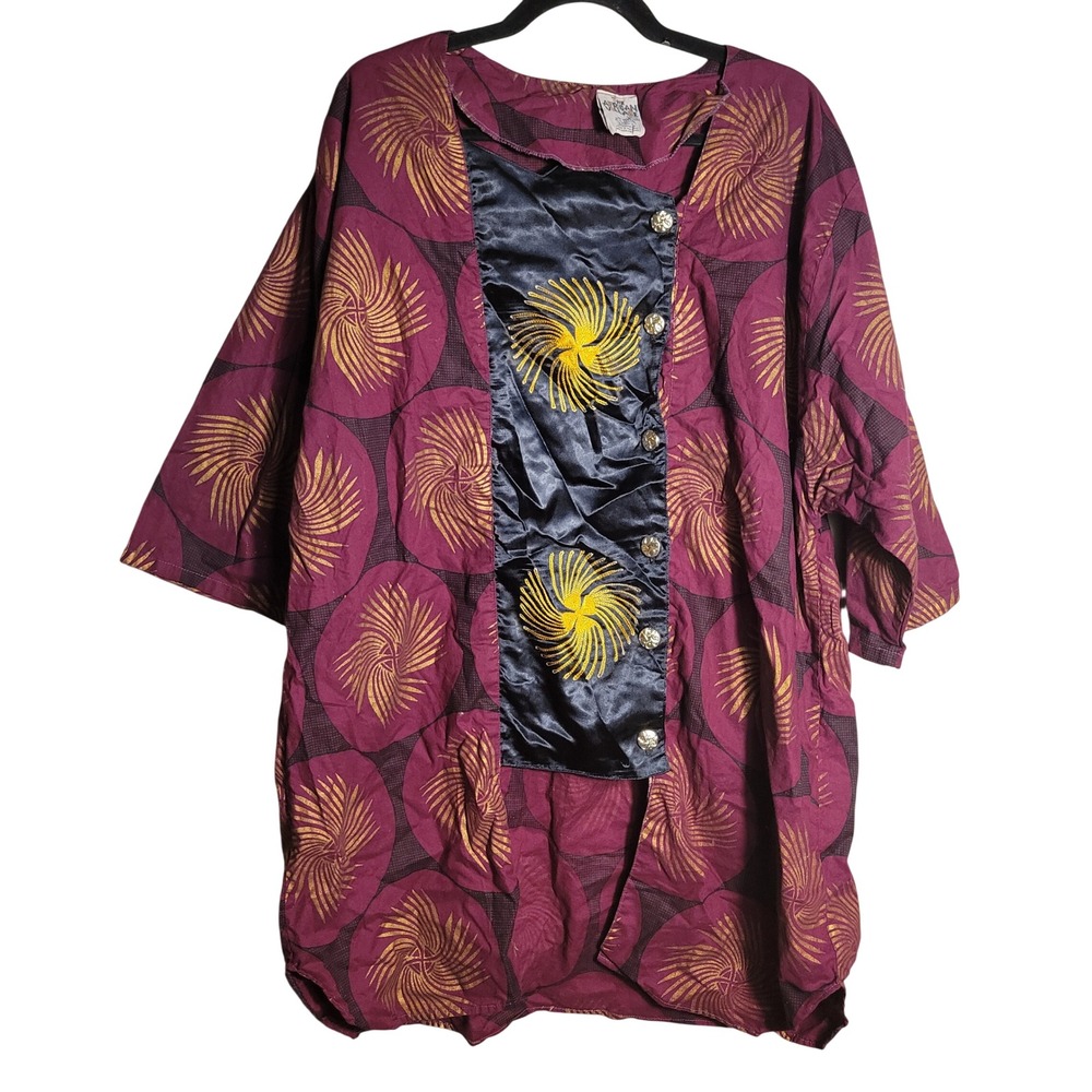 The African Village Vintage Purple Gold Sunburst Embroidered Tunic Top OSFM